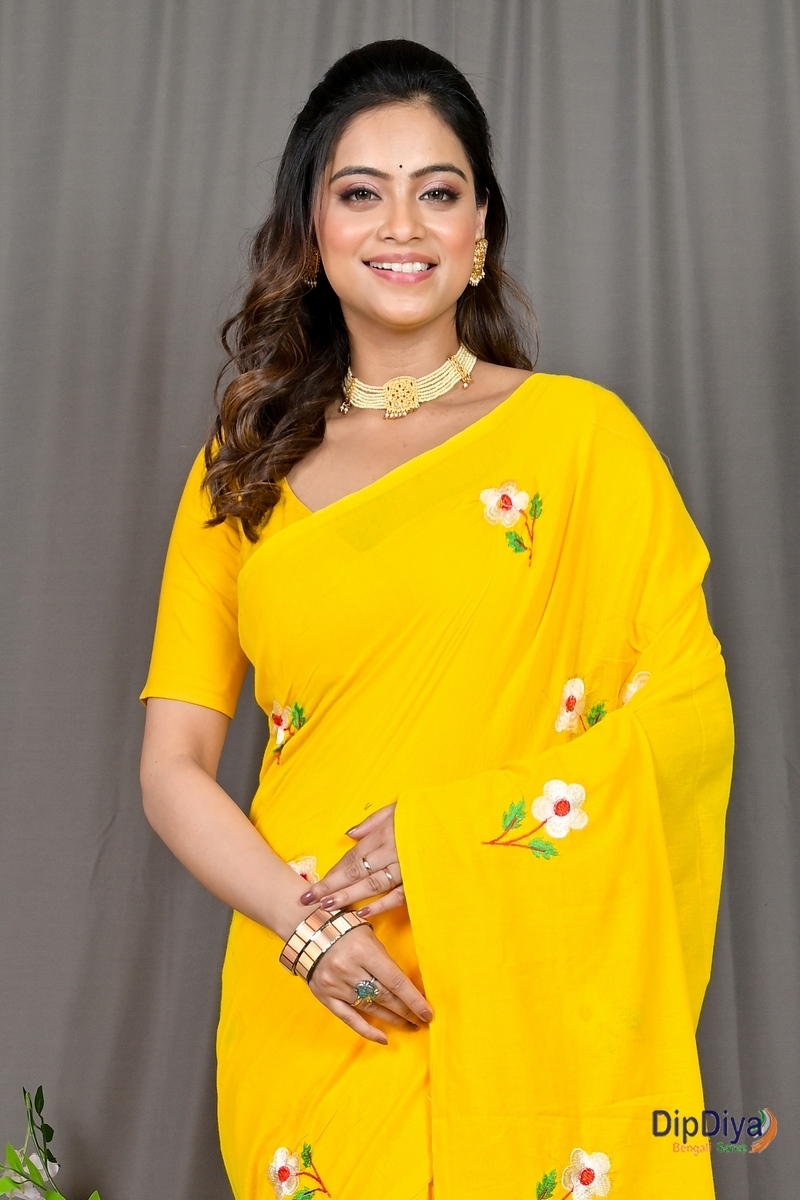 Yellow Pure Cotton Paray Embroidery Handloom saree (300)